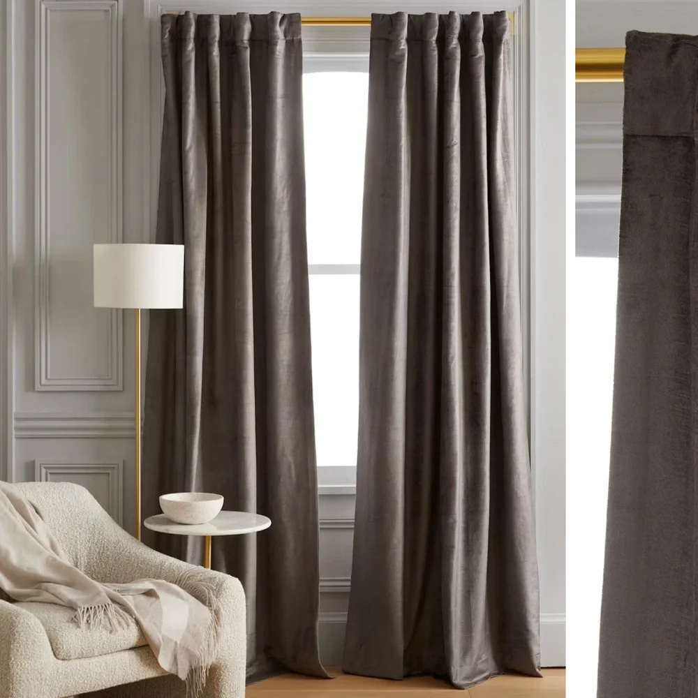 NWOT QUINCE 48x108 Luster Velvet Room Darkening Curtain Slate 1339